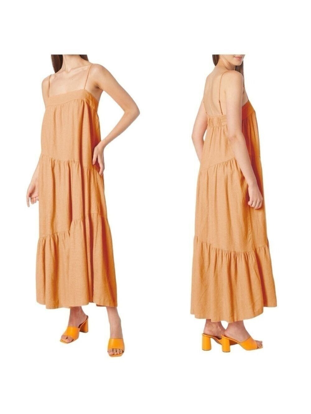 Abercrombie & Fitch Linen Blend Tiered Tangerine Loose Fit Maxi Dress